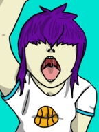 drawing color saliva purple_hair medium_length_hair open_mouth shirt no_background noodle gorillaz honmetgts hair_over_eyes
