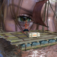 giantess long_hair barefoot ocean wet green_eyes brunette kneeling tattoo spawngts raft submerged