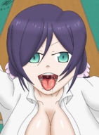drawing large_breasts long_hair tongue blue_eyes cleavage saliva purple_hair twintails open_mouth point_of_view imminent_vore