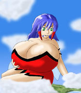 drawing giantess giga color green_eyes purple_hair huge_breasts smiling sitting looking_down clouds outdoors cupping_breast