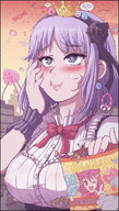 drawing giantess karbo vore blushing color anime purple_hair swallowed throat_bulge dagashi_kashi cheek_bulge hotaru_shidare stomach_noises