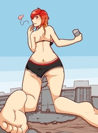 drawing giantess insertion panties color butt destruction handheld barefoot smiling red_hair heart looking_back jj-psychotic