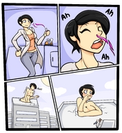 breasts drawing growth giantess nude blushing comic black_hair color outgrowing_building short_hair growth_sequence science ripped_clothing lab_coat jj-psychotic