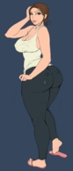 drawing large_breasts butt soles butt_crush brunette short_hair flip_flops looking_back in_pants thick_thighs no_background
