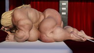 nude blonde long_hair butt bed huge_breasts mini_giantess kissing muscles indoors bedroom digital_render