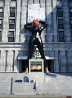 gentle giantess clothed barefoot red_hair standing looking_at_viewer digital_render fater leather_clothing museum_of_modern_art