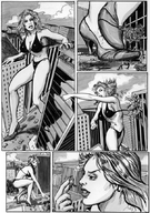 bikini breasts drawing giantess city mega comic monochrome destruction rampage cleavage high_heels angry foot_crush punch between_fingers cat95