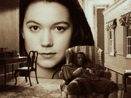 giantess collage black_hair sitting table chair indoors robe