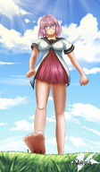 drawing giantess blue_eyes barefoot soles glasses legs clouds sky point_of_view raised_foot imminent_crush nova