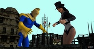 giantess city giant crossover fishnets outdoors power_girl x-men top_hat digital_render zatanna dc_comics marvel_comics dr._fate rogue_(x-men)