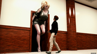 gentle blonde long_hair clothed high_heels mini_giantess shorts tanktop doorway digital_render fater