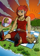 drawing gentle giantess blushing color clothed high_heels green_eyes red_hair dress sun outdoors sunset on_leg looking_at_tiny labbaart