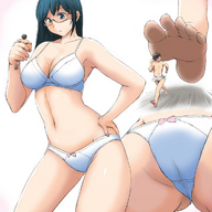 drawing panties color blue_eyes handheld barefoot cleavage bra glasses hand running ビク太 bikuta no_background looking_at_tiny