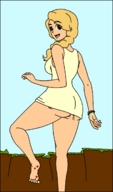 drawing giantess blonde color blue_eyes barefoot blood dress foot_crush dangle braid screeeow