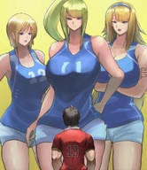 drawing blonde color long_hair blue_eyes clothed cleavage mini_giantess uniform shorts shirt