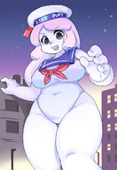 drawing giantess city color large_breasts buildings looking_down open_mouth voluptuous thick_thighs ghostbusters stay_puft_marshmallow_man marshmallow_girl