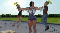 blonde black_hair cleavage high_heels short_hair mini_giantess muscles open_mouth outdoors digital_render
