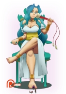 drawing gentle giantess feet size_difference color barefoot blue_hair sitting worship looking_down between_toes ankle_bracelet bracelet no_background looking_at_tiny spokle rulue puyo_puyo mado_monogatari