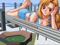 giantess collage blushing mega blonde color long_hair drawing_collage train brown_eyes lying_down unknown_artist