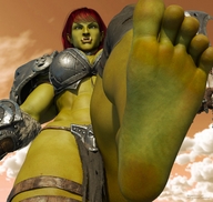 giantess crush feet large_breasts toes barefoot soles low_angle red_hair abs world_of_warcraft looking_at_viewer jetslasher imminent_crush thick_thighs digital_render loincloth