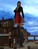 giantess long_hair cleavage huge_breasts red_hair dress house walking outdoors spike_heels knee_high_boots looking_away digital_render tall_heels