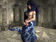 insertion large_breasts long_hair purple_hair topless mini_giantess indoors snake_girl digital_render armband forked_tongue circlet