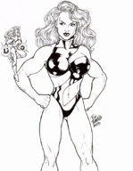 breasts drawing giantess monochrome long_hair muscles costume garganta wavy_hair leotard hands_on_hips femforce no_background superheroine bare_legs skintight_clothing