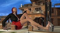 giantess large_breasts long_hair cleavage skirt red_hair foot_worship houses outdoors closed_eyes long_legs discarded_shoes digital_render long_sleeves