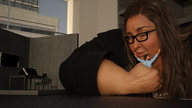 giantess long_hair handheld glasses brunette smiling bbw shrunken_man hugging desk closed_eyes beard digital_render cubicle