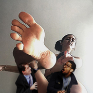 collage barefoot soles shrunken_men looking_down indoors pointing imminent_crush
