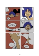 drawing vore comic futanari blue_hair cock_vore bulge medium_length_hair shrunken_man imminent_vore between_teeth on_tongue technimind