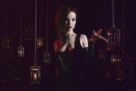 long_hair cleavage brunette domination dress shrunken_people naked_people candles cages sorenzer0 digital_render