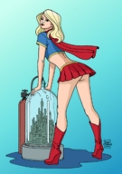 drawing gentle city blonde color long_hair butt clothed skirt boots supergirl legs belly costume looking_back cape dc_comics zboczony kandor