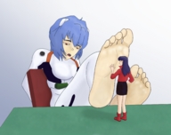 drawing long_hair barefoot skirt purple_hair blue_hair rei_ayanami short_hair boots table shrunken_woman indoors jacket no_background misato_katsuragi zboczony