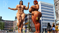 giantess nude city black_hair butt huge_breasts small_breasts red_hair short_hair muscles abs giantesses outdoors digital_render dinner-kun