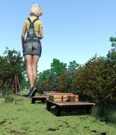 giantess blonde short_hair walking overalls ladder shirt trees digital_render cart grove