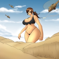 bikini drawing giantess butt attack helicopter huge_breasts brunette ponytail walking annoyed missile canyon thick_thighs analternateusername quiet_(metal_gear) metal_gear