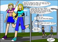 drawing giantess city blonde color long_hair skirt giantesses sneakers shirt braid dialogue hairband long_sleeves hair_clip capris
