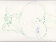 drawing giantess tail sleeping monochrome butt climbing lying_down unaware bull sketch asshole behind_view noill head_in_hand arm_wraps