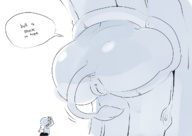 drawing giantess pussy tail monochrome butt bull asshole looking_up stuck dialogue no_background noill gats