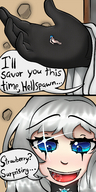 drawing white_hair micro vore color tongue blue_eyes mouth teeth handheld saliva story gloves hand shrunken_man teasing cruel panels glove mspaintgts melting gem irah dying