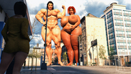 giantess nude city black_hair large_breasts long_hair butt red_hair short_hair bbw muscles giantesses outdoors flexing thick_thighs digital_render cupping_breast