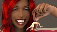 long_hair smiling red_hair shrunken_man looking_down open_mouth dark_skin between_fingers upside_down imminent_vore held_by_fingers no_background pinched digital_render