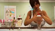 clothed cleavage smiling shorts shrunken_man looking_down sneakers indoors nail_polish top long_fingernails digital_render dessert milkshake hawaiian_shirt