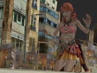 giantess city long_hair skirt pink_hair red_hair kneeling surprised twintails outdoors necklace lightning final_fantasy_xiii bracelet tubetop digital_render drill_hair