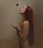 collage nude long_hair red_hair looking_up parachute closed_eyes bracelet imminent_vore no_background