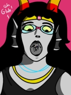 drawing vore horns black_hair color long_hair glasses saliva shrunken_man looking_down open_mouth necklace headband on_tongue no_background grey_skin hometgts