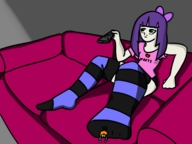 drawing panties color long_hair purple_hair stockings sitting striped_stockings bow shirt hair_bow thigh_highs sofa remote_control no_background hometgts