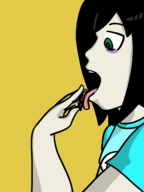 drawing blushing black_hair clothed licking saliva medium_length_hair shrunken_man looking_down tasting no_background hometgts dripping_tongue