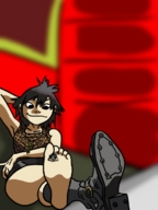 drawing black_hair barefoot skirt soles smiling short_hair sitting looking_down boot between_toes shirt hand_behind_head noodle gorillaz hometgts